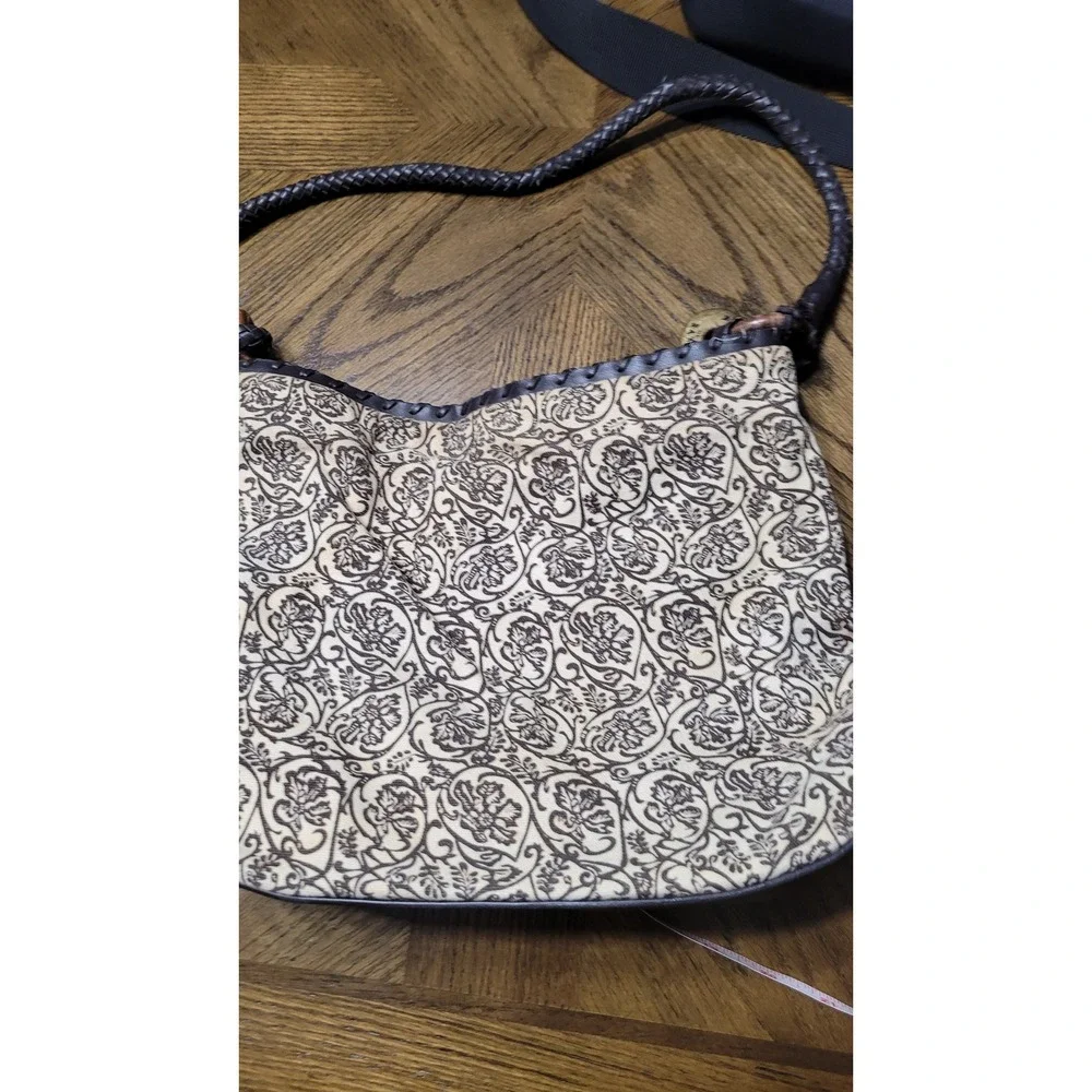 The Sak Brown Tan Damask Floral Canvas Hobo Shoulder Bag Braided Strap flaw